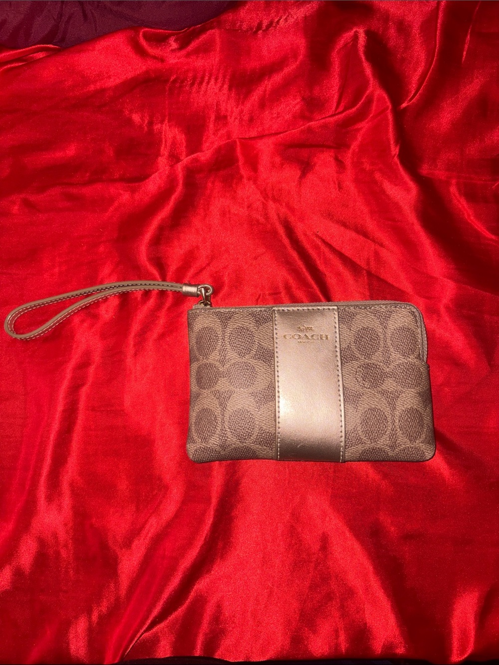 Coach Brown Signature Wristlet with Leather Center Band